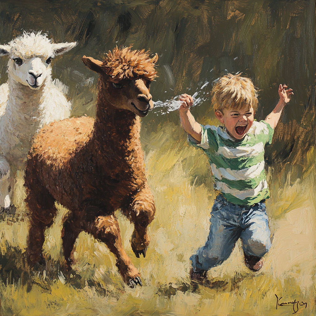 two alpacas, one brown, one white, chasing after a six year old child in a green and white striped shirt and jeans, and trying to spit on him